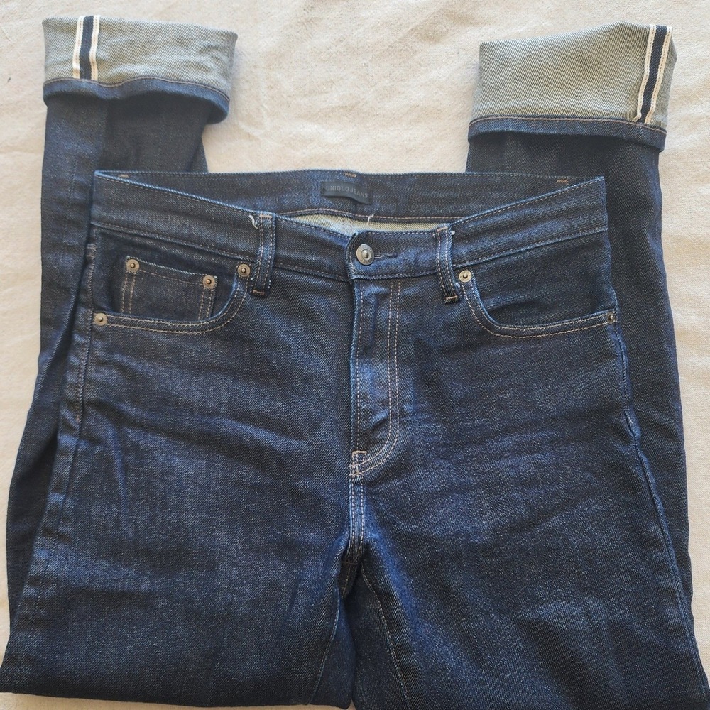 🔥Selvedge UNIQLO Mens Slim Fit Straight Jeans Dark Indigo Blue. Streetwear Y2K